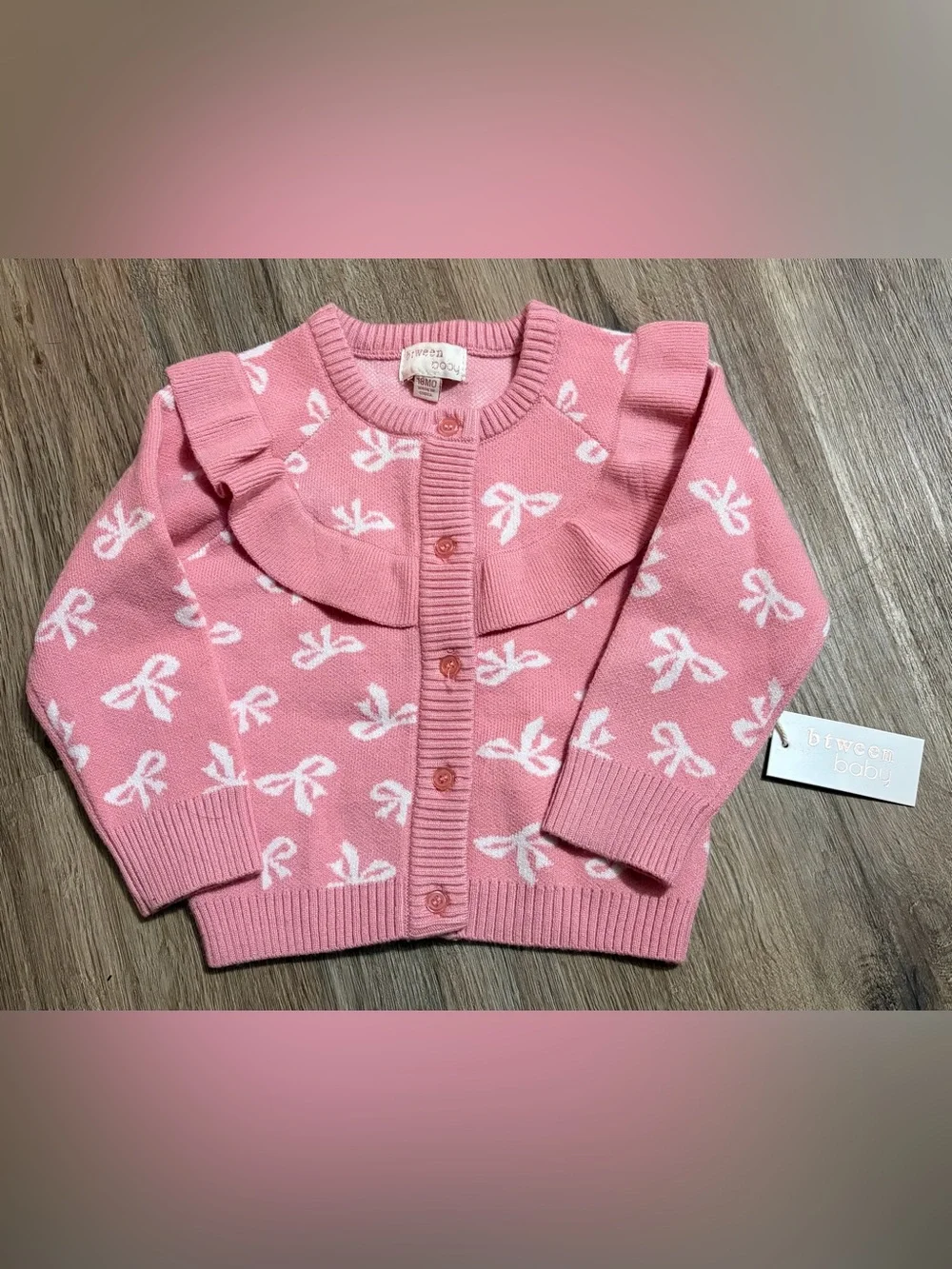 Btween Baby - Pink Bow-Print Knit Cardigan and Pants Set - Size 18 Months